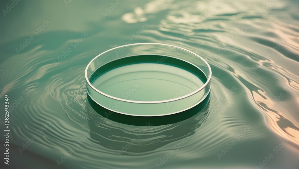 Poster Empty glass circle podium on transparent clear water with splashes and waves in sunlight. Abstract nature background for product display. Flat lay cosmetic mockup.