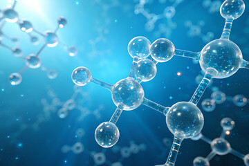Futuristic 3D rendering of transparent molecular structures on a glowing blue background, ideal for science, chemistry, or biotech concepts.
