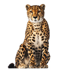 Obraz premium A cheetah sitting upright with a black background looking forward with piercing amber colored eyes