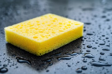 A yellow sponge sits on a wet surface, surrounded by droplets, showcasing its texture and functionality in cleaning tasks.