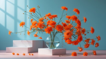 A blooming flower branch is arranged in a glass cup on a white pedestal. An orange flower on a stepped surface. Artistic background featuring two colors.