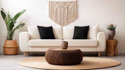 boho-chic interior design, boho-chic living room with sunlit vibes, adorned with macrame wall art, layered rugs, and tropical plants