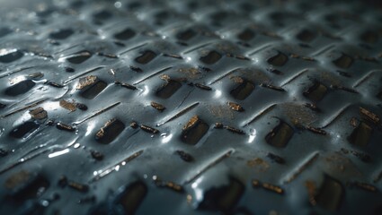 Fototapeta premium Black diamond metal plate backdrop, featuring a grunge polished texture of a dark metallic sheet with a repeated diagonal oval shape pattern, embossed steel surface designed to prevent slipping on ...