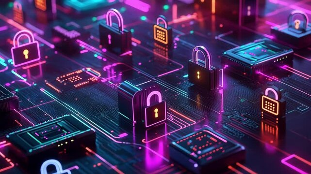 A closeup of network infrastructure elements like routers and switches accented by vibrant lines representing secure connections. Floating above these components are stylized digital