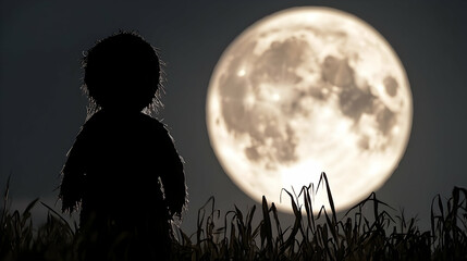 Silhouette of a Child Gazing at a Bright Full Moon in a Dark Field