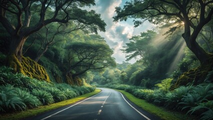A rural path meanders between lush green hedges.