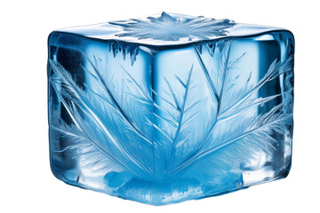 Ice in the form of a cube with a snowflake pattern on the edges.