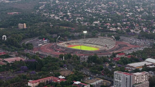 Aerial footage of the Olympic Stadium lit up