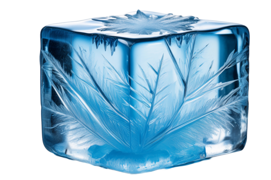 Ice in the form of a cube with a snowflake pattern on the edges.
