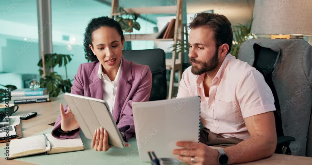 Aufkleber collaboration, documents and tablet with business people in office together for financial report. ap