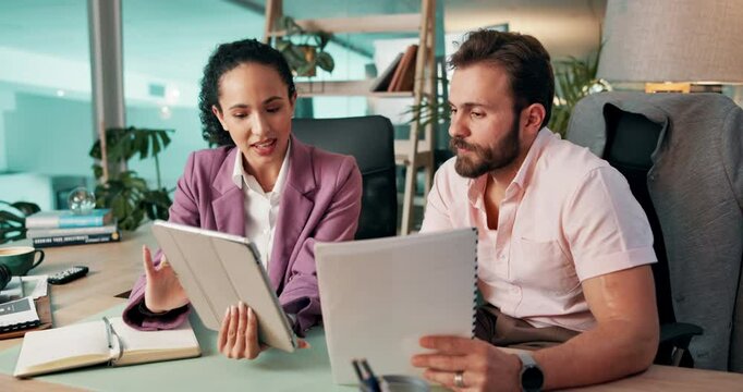 Collaboration, documents and tablet with business people in office together for financial report. App, conversation and paperwork with employee team in workplace for administration or discussion