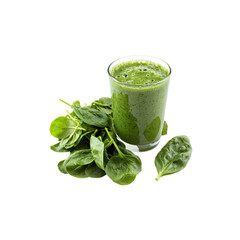 Fresh Green Smoothie with Spinach and Ingredients on White Background