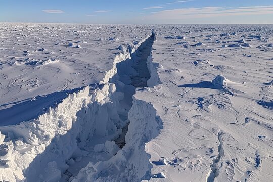 A vast expanse of icy terrain features a prominent crevasse, highlighting the stark beauty and geological processes of a frozen landscape.