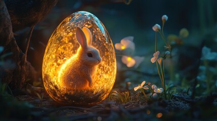 Cute Bunny Inside Easter Egg with Glowing Light in Forest