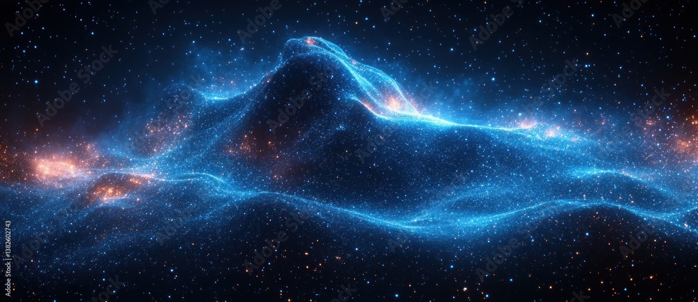 Fototapete futuristic abstract landscape of glowing blue dots in dark background with dynamic waves and gradien