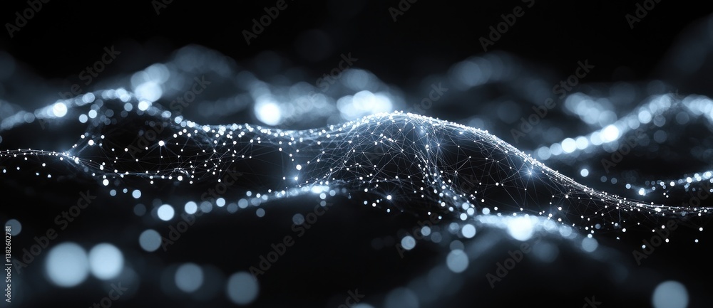 Poster futuristic abstract digital art of glowing network with interconnected lines and points in minimalis