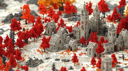 Pixelated medieval village landscape