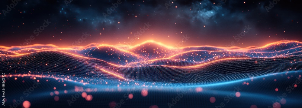 Poster futuristic digital landscape cyberpunk aesthetics glowing gridlines technology connection 3d depth m