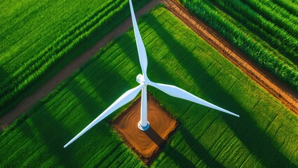 Aerial perspective of agricultural land featuring a wind turbine.