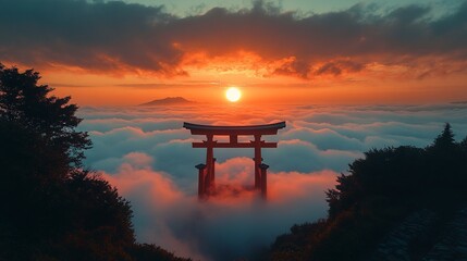 Serene Sunset Torii Gate Above Cloudscape of excellence in splendor beyond compare with grace