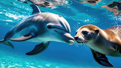 Obraz premium dolphin and sea lion underwater gazing at you