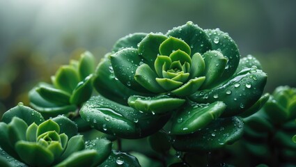 Fototapeta premium Fresh morning dew drops resting on vibrant green plant stems, creating a refreshing natural scene.
