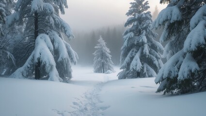 Fototapeta premium Foggy scenery featuring fir trees