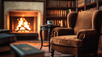 Defocused Background of Cozy Reading Nook Featuring a Fireplace and Bookshelves in a Warm, Inviting Atmosphere. Blurred Background Image.