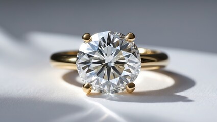 Diamond Ring Yellow Gold Isolated on White Engagement Solitaire Design Ring