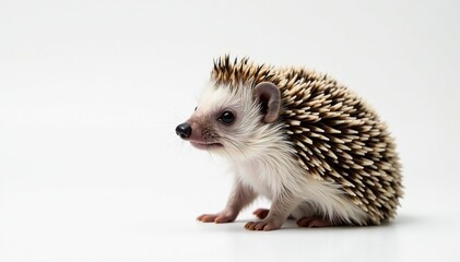 Fototapeta premium A single hedgehog sits centered on stark white, exhibiting fine details , macro, natural