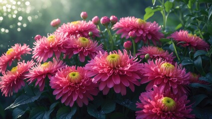 Bright blooming pink chrysanthemums in close-up, arranged in bushes in an autumn garden on a sunny day. Flower background.