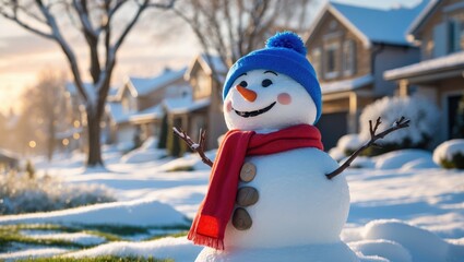 Close-up of a large snowman made by children, wearing a black hat and a red scarf. Composed of two big snowballs, with twigs as arms and stones for eyes and a smiling mouth.