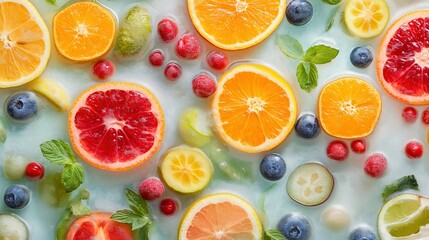 Colorful fresh fruits and vegetables arranged in an artistic pattern, celebrating nature's bounty and healthy living.