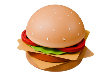 3d Hamburger icon. American street fast food. Floating burger. Burger with beef and vegetables. Minimal Cartoon Delicious Burger meal creative design icon isolated on red tasty background. 3d render.