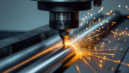 Close-up view of the fiber laser cutting machine as it cuts through a stainless steel tube, creating sparkling light. The advanced manufacturing process utilizing a laser cutting machine.