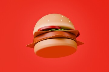 Fototapeta premium 3d Hamburger icon. American street fast food. Floating burger. Burger with beef and vegetables. Minimal Cartoon Delicious Burger meal creative design icon isolated on red tasty background. 3d render.