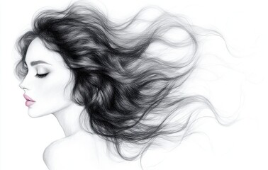 Elegant Abstract Woman Face Fashion Illustration with Flowing Hair and Delicate Pencil Sketch