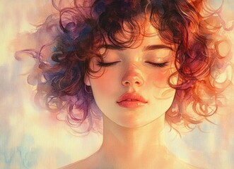 Watercolor painting of african american woman with curly hair in soft pastel tones and ethereal style