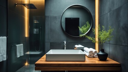 Decorated contemporary bathroom in boho style featuring a walk-in cabin, rain shower column, and built-in cabinets, with tiles resembling wood and a circular light mirror.