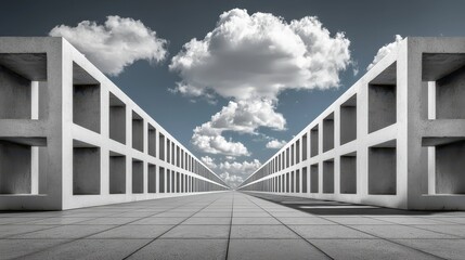 Fototapeta premium Modern architectural pathway leading to the horizon urban environment black and white perspective