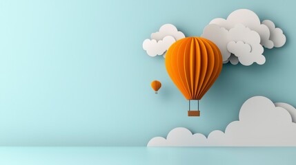 Obraz premium Colorful Hot Air Balloons Floating Above a Blue Sky with Paper Clouds in a Minimalist Style for Creative Projects