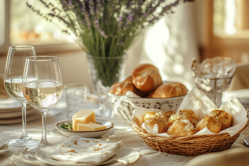 Beautiful and cozy dining table with white wine, bread basket, soft lighting