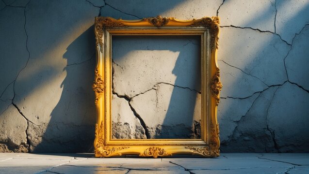 frame on a concrete wall featuring a crack. isolated on white