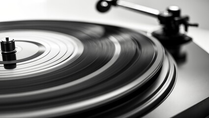 Detail of the microgrooves of a vinyl record in motion, presented in monochrome.