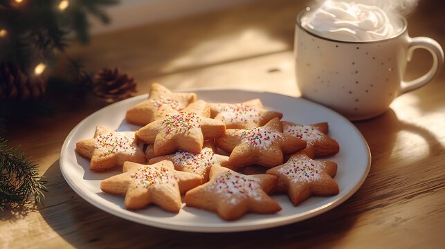 Delicious star-shaped cookies with colorful sprinkles served with a festive cup of whipped hot cocoa in a cozy, warm holiday setting. - Powered by Adobe