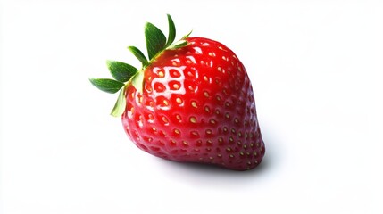 Fresh, ripe strawberry with vibrant red color and green leaves on a clean white background captured in bright light, isolated on white background