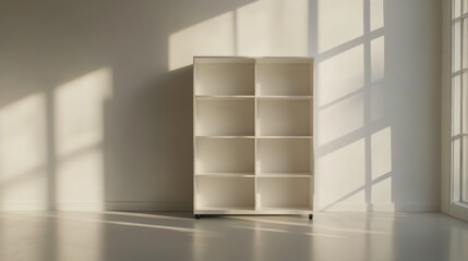 minimalist empty white bookshelf in bright room