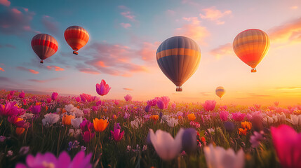 Fototapeta premium Hot air balloon festival over vibrant flower fields at sunset nature photography scenic view colorful atmosphere