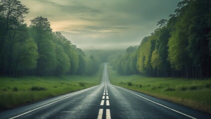 Straight road without traffic among green trees.
