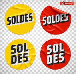 Vector realistic illustration of promotional round stickers on a transparent background.